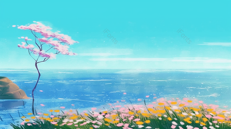 唯美繁花满树海边文艺插画风景背景手绘,插画/手绘图,插画/手绘图库,插画/手绘图下载,插画/手绘